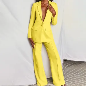 Yellow 2 Piece Single Buttons Business Casual Slim Fit Women Suit