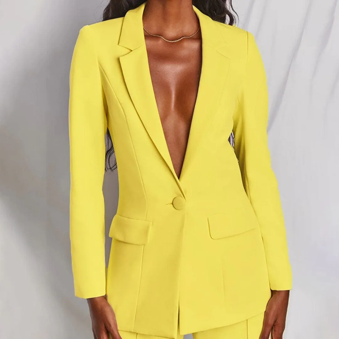 Yellow 2 Piece Single Buttons Business Casual Slim Fit Women Suit