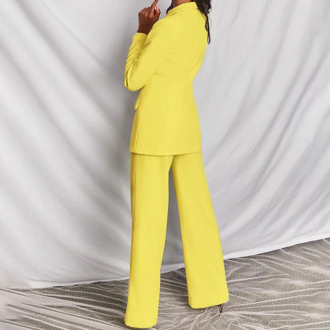 Yellow 2 Piece Single Buttons Business Casual Slim Fit Women Suit