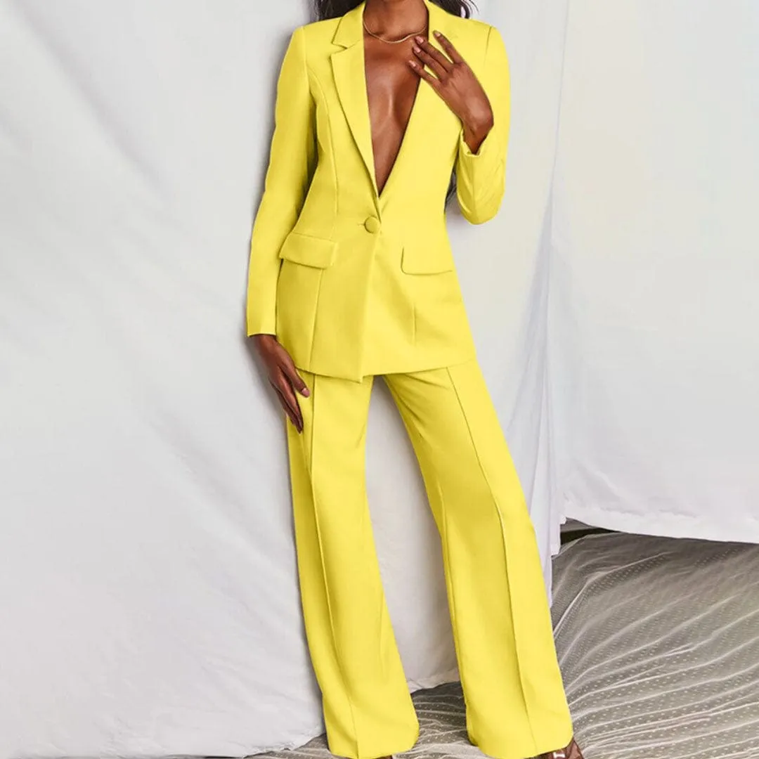 Yellow 2 Piece Single Buttons Business Casual Slim Fit Women Suit