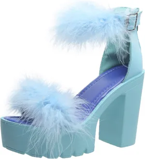 YSMIIH Women's Faux Fur Chunky Heel Sandals Platform Open Toe Fuzzy Ankle Strap Sexy Colorful Wedding Dress Heels