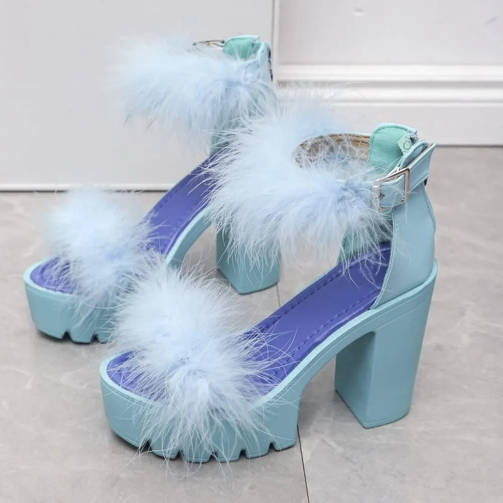 YSMIIH Women's Faux Fur Chunky Heel Sandals Platform Open Toe Fuzzy Ankle Strap Sexy Colorful Wedding Dress Heels