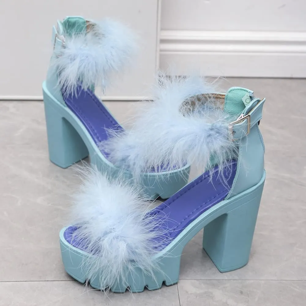 YSMIIH Women's Faux Fur Chunky Heel Sandals Platform Open Toe Fuzzy Ankle Strap Sexy Colorful Wedding Dress Heels