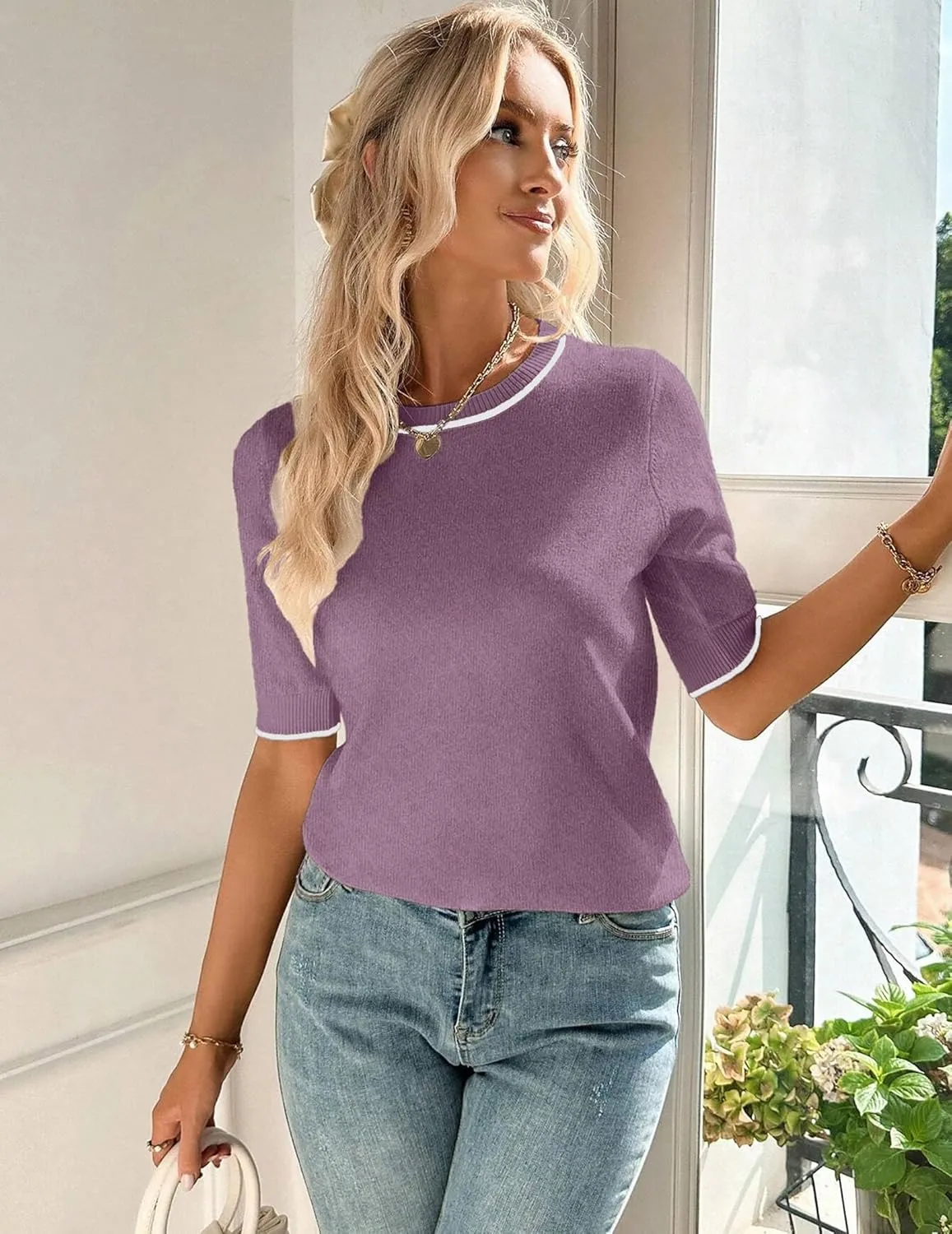 Zeagoo Women Short Sleeve Sweater Summer Crew Neck Dressy Casual Soft Knit Pullover Tops Trendy