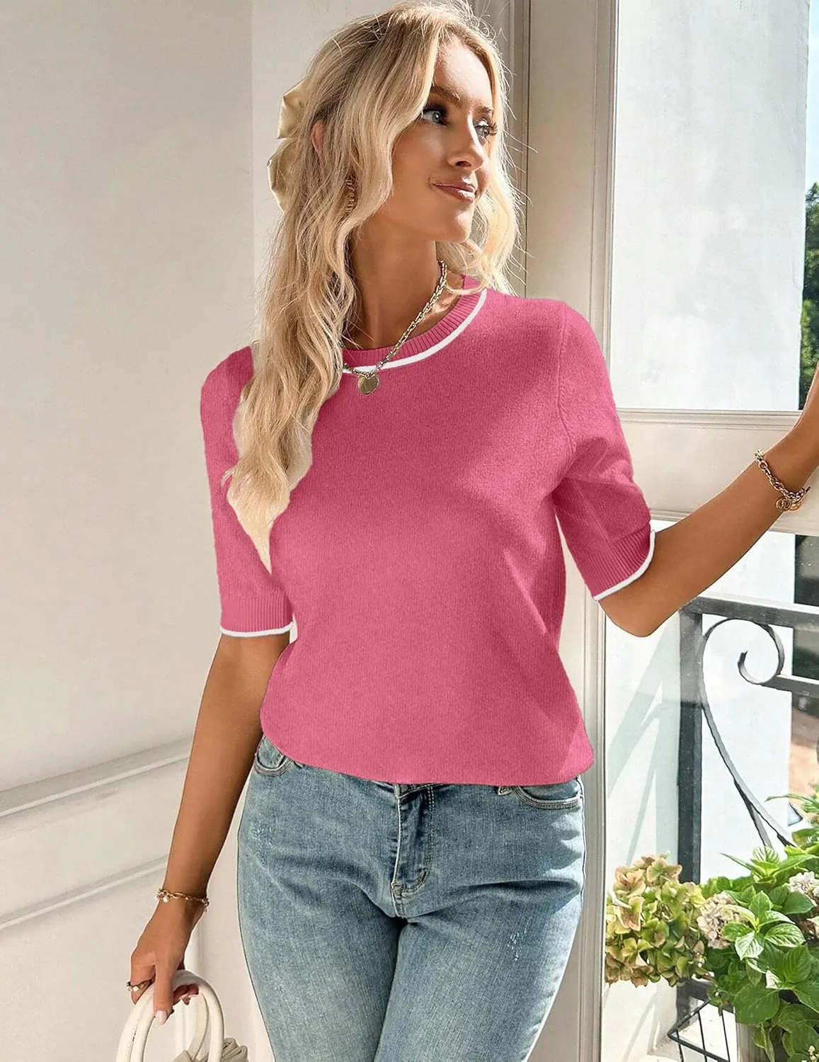 Zeagoo Women Short Sleeve Sweater Summer Crew Neck Dressy Casual Soft Knit Pullover Tops Trendy