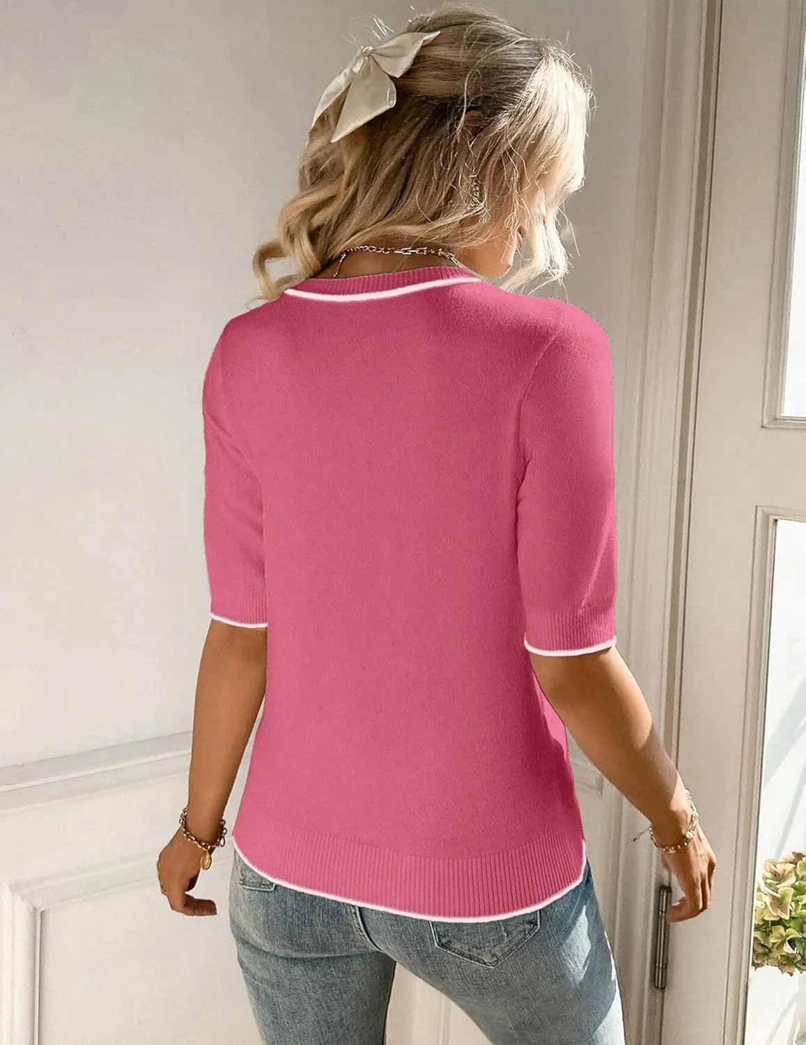Zeagoo Women Short Sleeve Sweater Summer Crew Neck Dressy Casual Soft Knit Pullover Tops Trendy