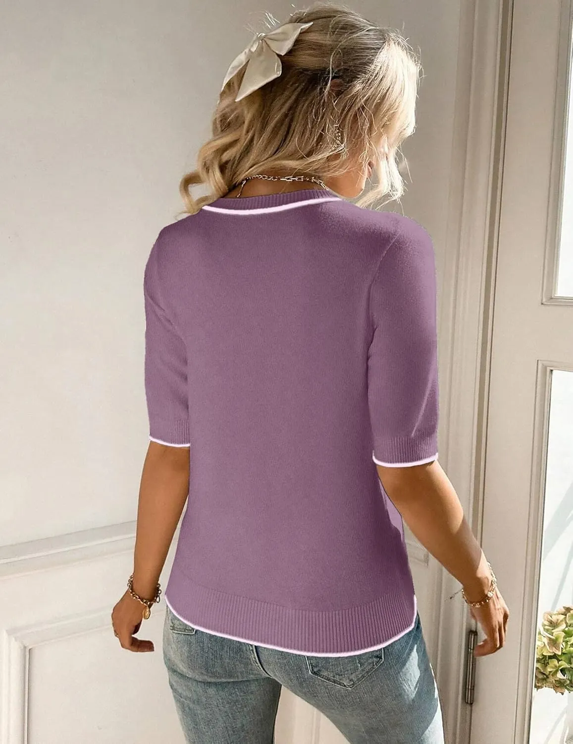 Zeagoo Women Short Sleeve Sweater Summer Crew Neck Dressy Casual Soft Knit Pullover Tops Trendy