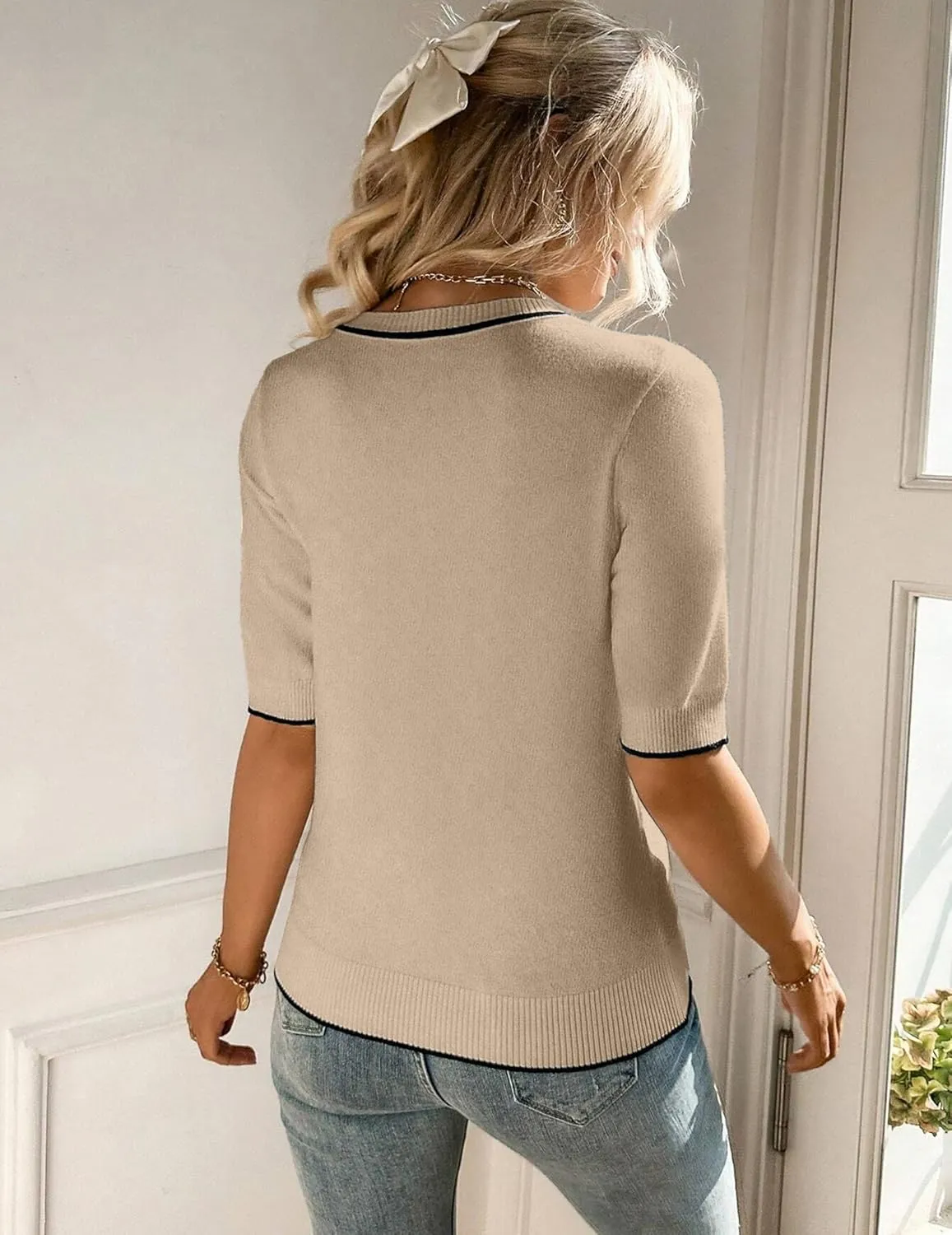 Zeagoo Women Short Sleeve Sweater Summer Crew Neck Dressy Casual Soft Knit Pullover Tops Trendy