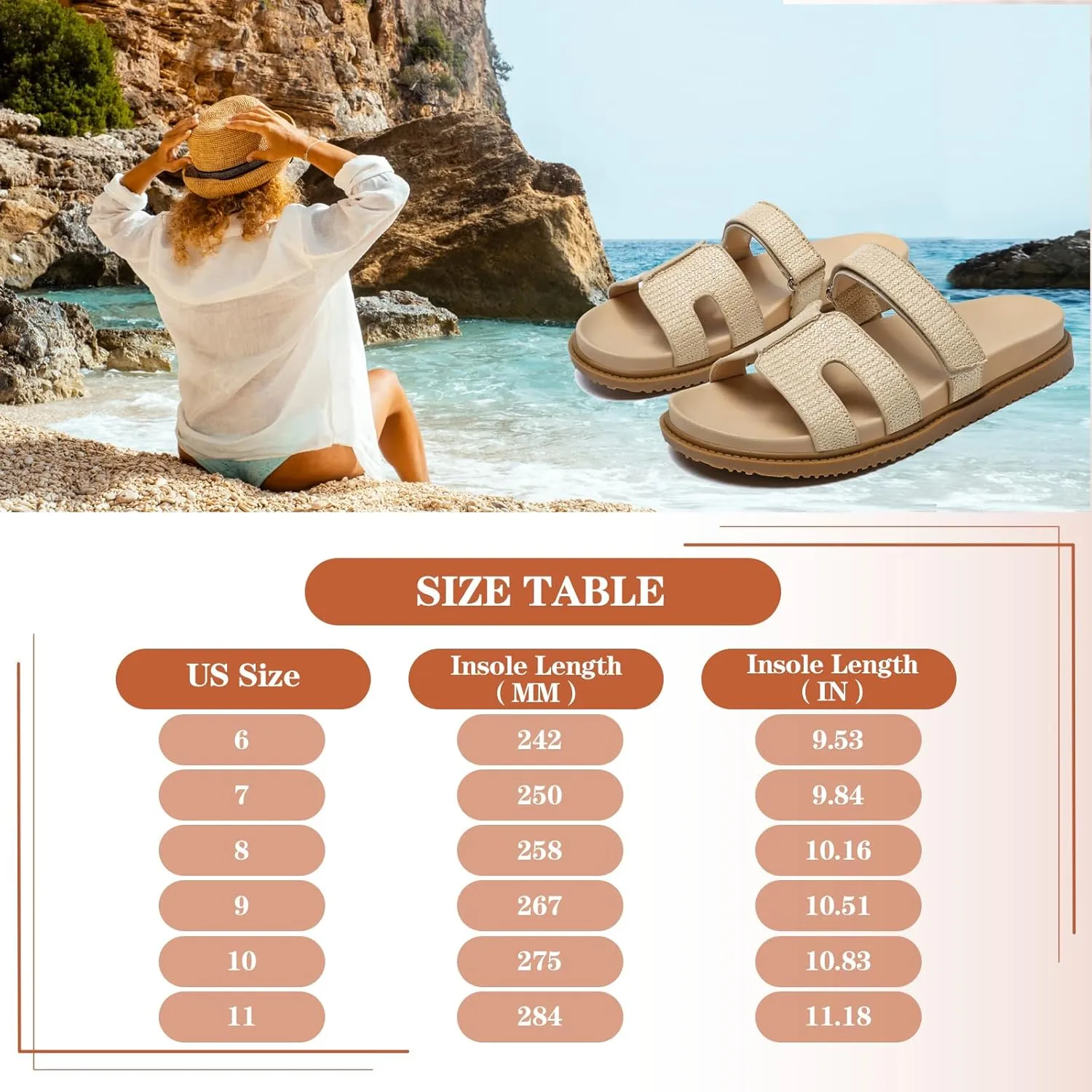 ZEENXIUYA Women's Slide Sandals with Adjustable Velcro, Arch Support Summer Beach Slides, Comfort Lightweight Cushion Slip on H-Strap Leather Open Toe Flat Sandal