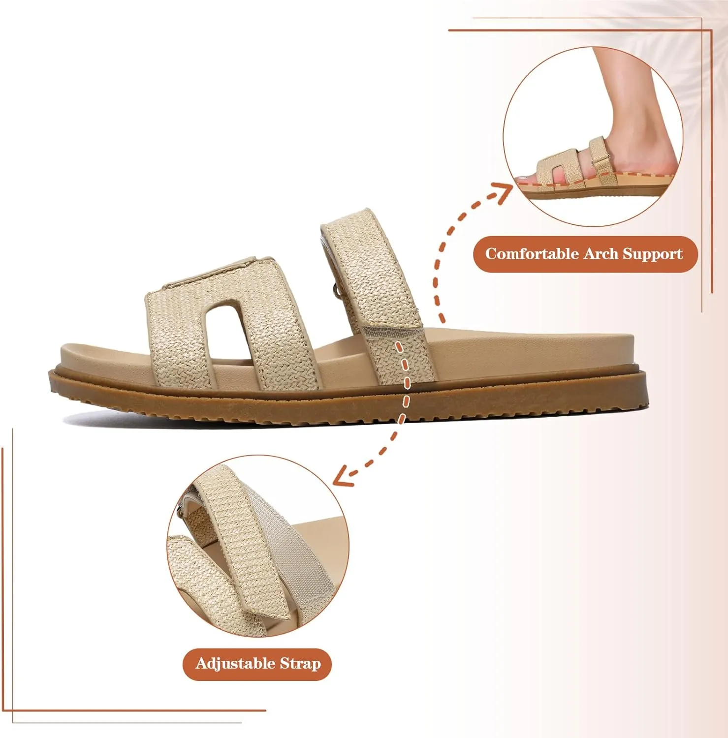 ZEENXIUYA Women's Slide Sandals with Adjustable Velcro, Arch Support Summer Beach Slides, Comfort Lightweight Cushion Slip on H-Strap Leather Open Toe Flat Sandal