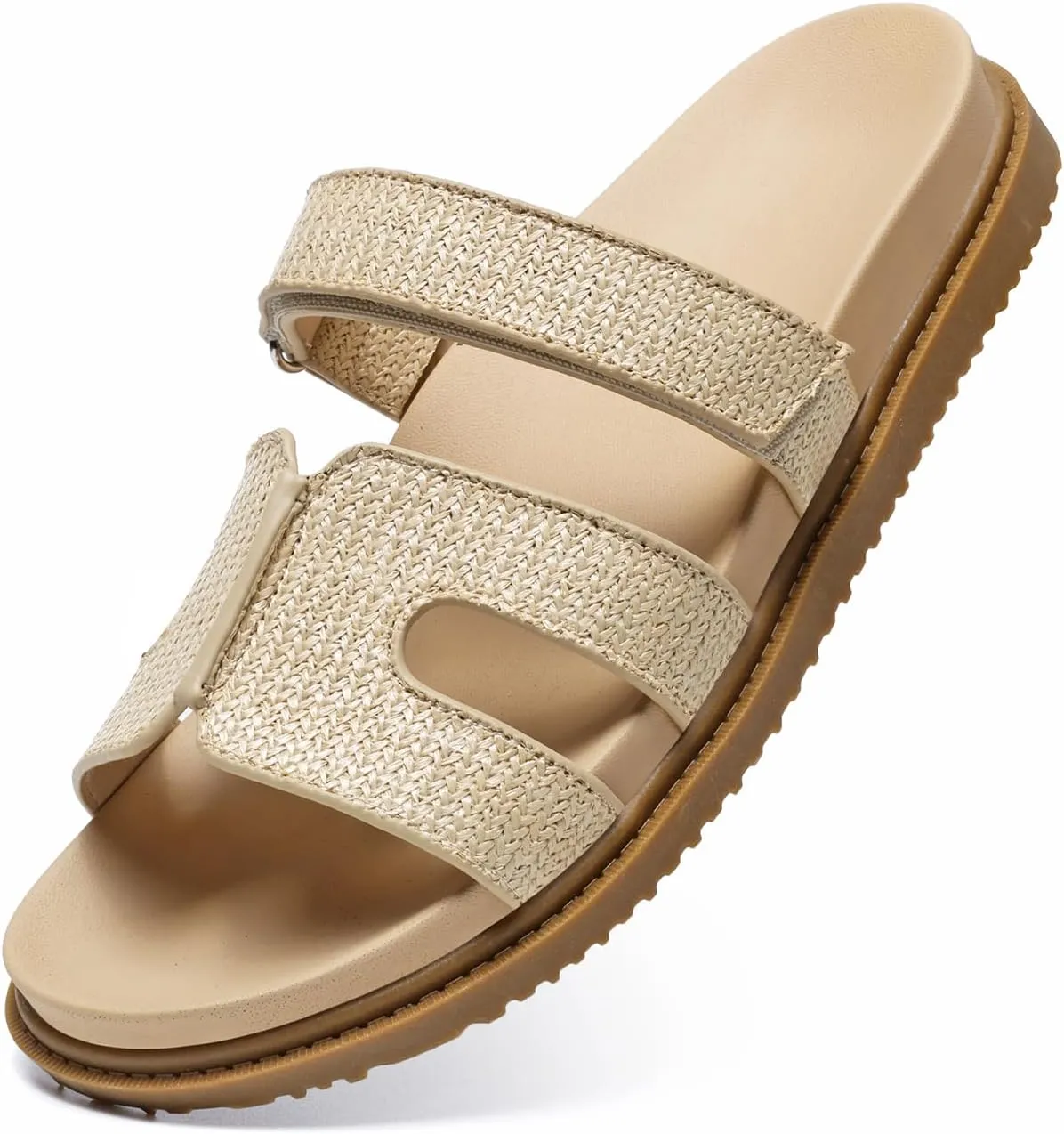 ZEENXIUYA Women's Slide Sandals with Adjustable Velcro, Arch Support Summer Beach Slides, Comfort Lightweight Cushion Slip on H-Strap Leather Open Toe Flat Sandal