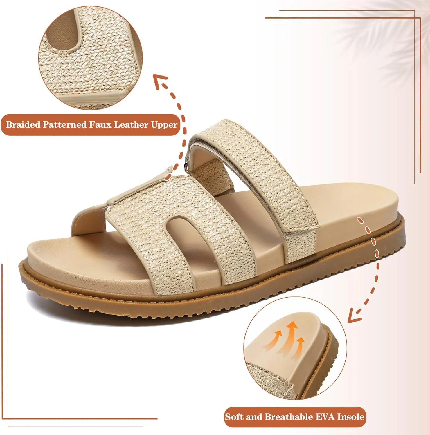 ZEENXIUYA Women's Slide Sandals with Adjustable Velcro, Arch Support Summer Beach Slides, Comfort Lightweight Cushion Slip on H-Strap Leather Open Toe Flat Sandal