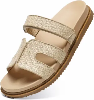 ZEENXIUYA Women's Slide Sandals with Adjustable Velcro, Arch Support Summer Beach Slides, Comfort Lightweight Cushion Slip on H-Strap Leather Open Toe Flat Sandal