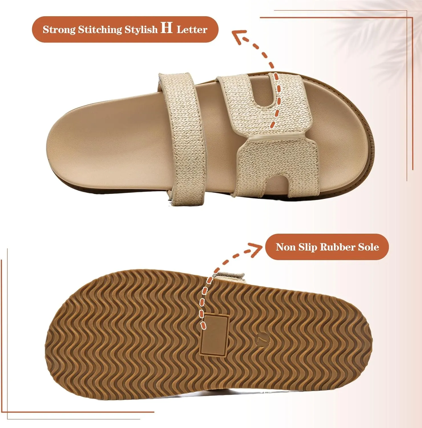 ZEENXIUYA Women's Slide Sandals with Adjustable Velcro, Arch Support Summer Beach Slides, Comfort Lightweight Cushion Slip on H-Strap Leather Open Toe Flat Sandal