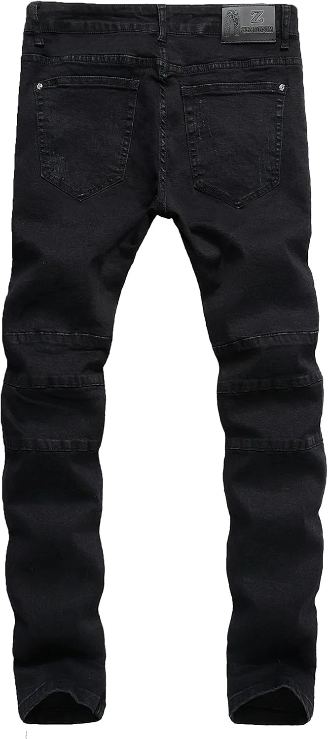 ZLZ Black Biker Jeans for Men, Slim Fit, Comfy Stretch Ripped Distressed Biker Pants, Designer Jeans