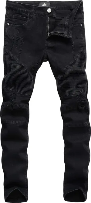 ZLZ Black Biker Jeans for Men, Slim Fit, Comfy Stretch Ripped Distressed Biker Pants, Designer Jeans