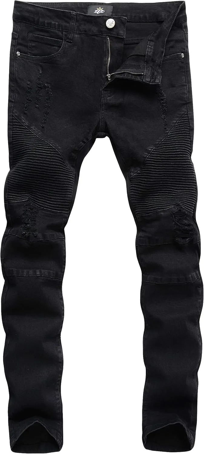 ZLZ Black Biker Jeans for Men, Slim Fit, Comfy Stretch Ripped Distressed Biker Pants, Designer Jeans