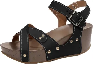 ZSpzx 2025 Cork Platform Wedge Sandals for Women Open Toe Crisscross X-Strap Summer Orthopedic Non-Slip Rivets Buckle Sandal Comfortable Breathable Casual Shoes for Daily Wear Outdoor Indoor