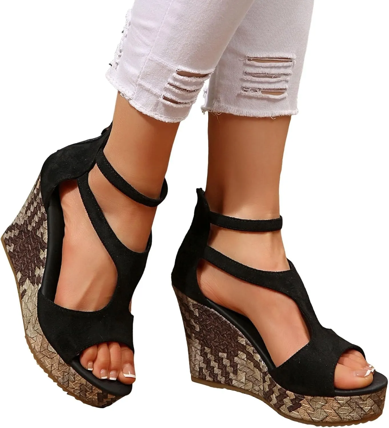ZSpzx 2025 Platform Wedge Sandals for Women,Arch Support Orthopedic Peep Toe T-Strap Non-Slip Sandal with Two Elastic Ankle Straps Ladies Open Toe High Wedge Heel Shoes for Prom Party Outdoor Indoor