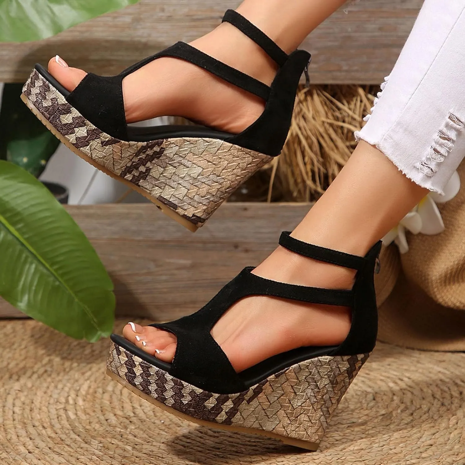 ZSpzx 2025 Platform Wedge Sandals for Women,Arch Support Orthopedic Peep Toe T-Strap Non-Slip Sandal with Two Elastic Ankle Straps Ladies Open Toe High Wedge Heel Shoes for Prom Party Outdoor Indoor