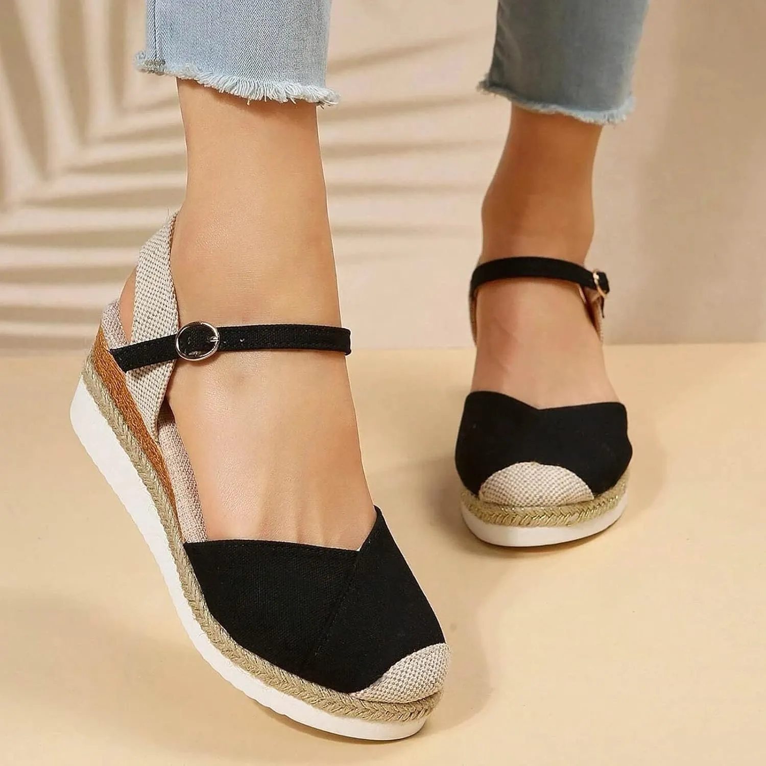 ZSpzx Closed Toe Wedge Sandals for Women,2025 Espadrille Arch Support Summer Comfortable Strappy Orthopedic Platform Sandal Ladies Low Heel Buckle Ankle Strap Casual Shoe for Beach Wedding Daily Wear