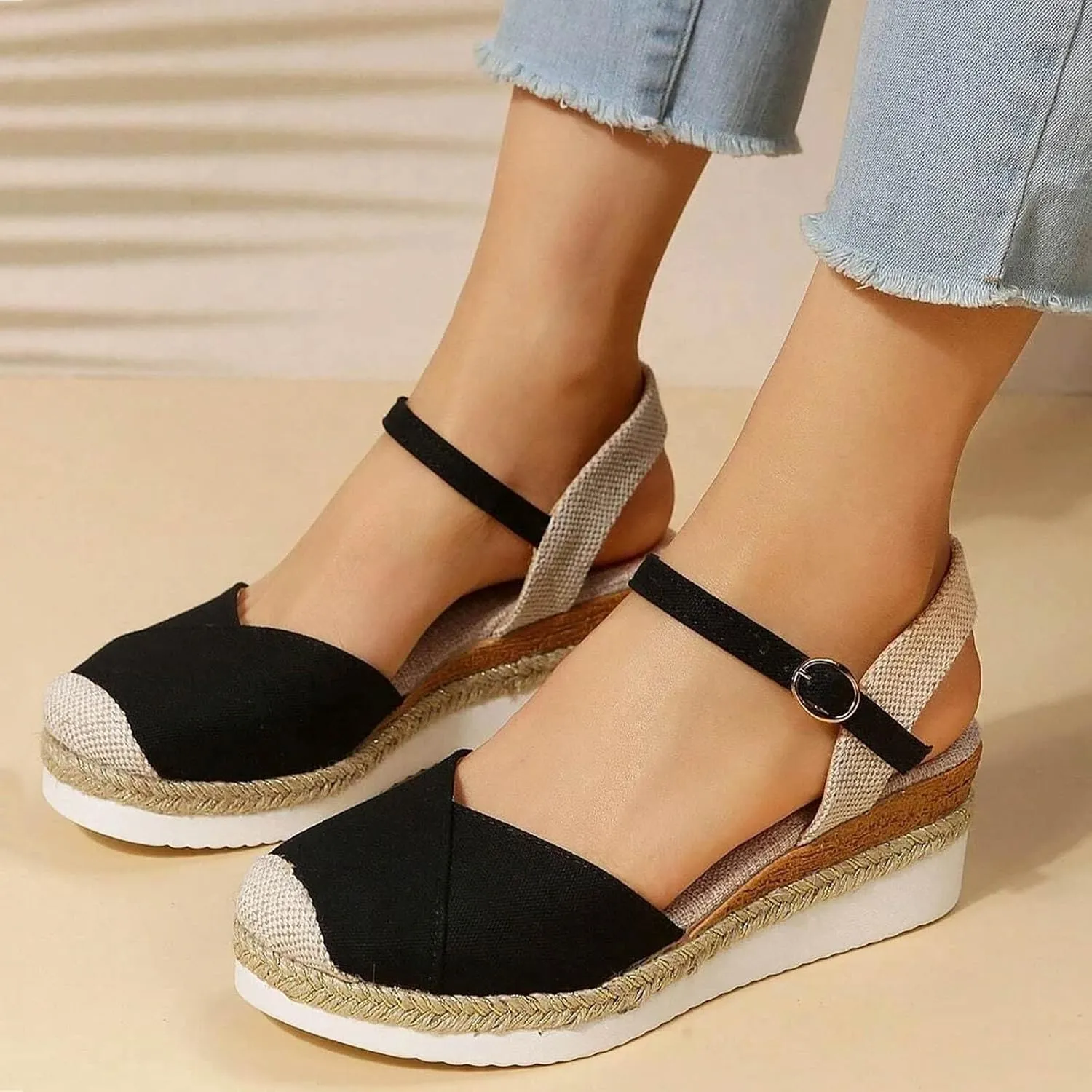 ZSpzx Closed Toe Wedge Sandals for Women,2025 Espadrille Arch Support Summer Comfortable Strappy Orthopedic Platform Sandal Ladies Low Heel Buckle Ankle Strap Casual Shoe for Beach Wedding Daily Wear
