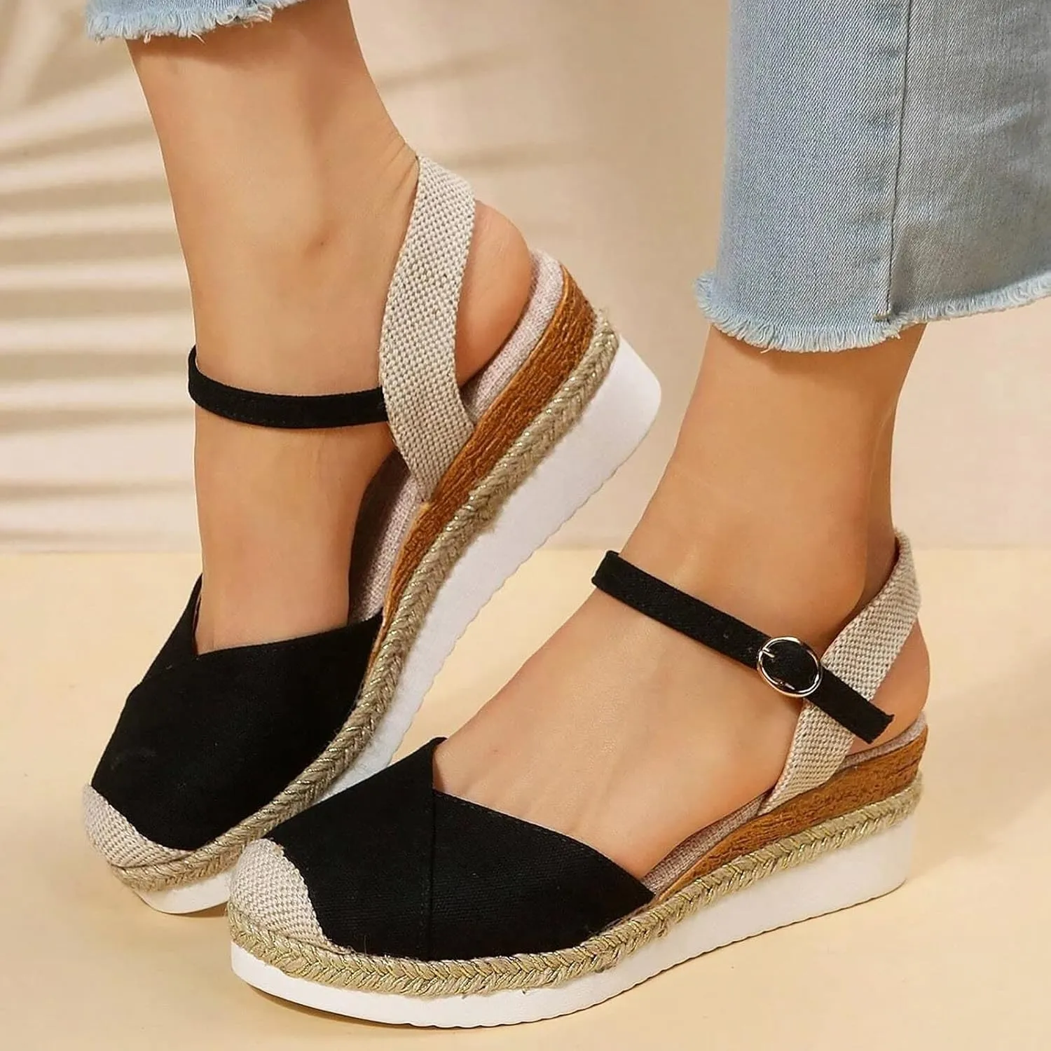 ZSpzx Closed Toe Wedge Sandals for Women,2025 Espadrille Arch Support Summer Comfortable Strappy Orthopedic Platform Sandal Ladies Low Heel Buckle Ankle Strap Casual Shoe for Beach Wedding Daily Wear