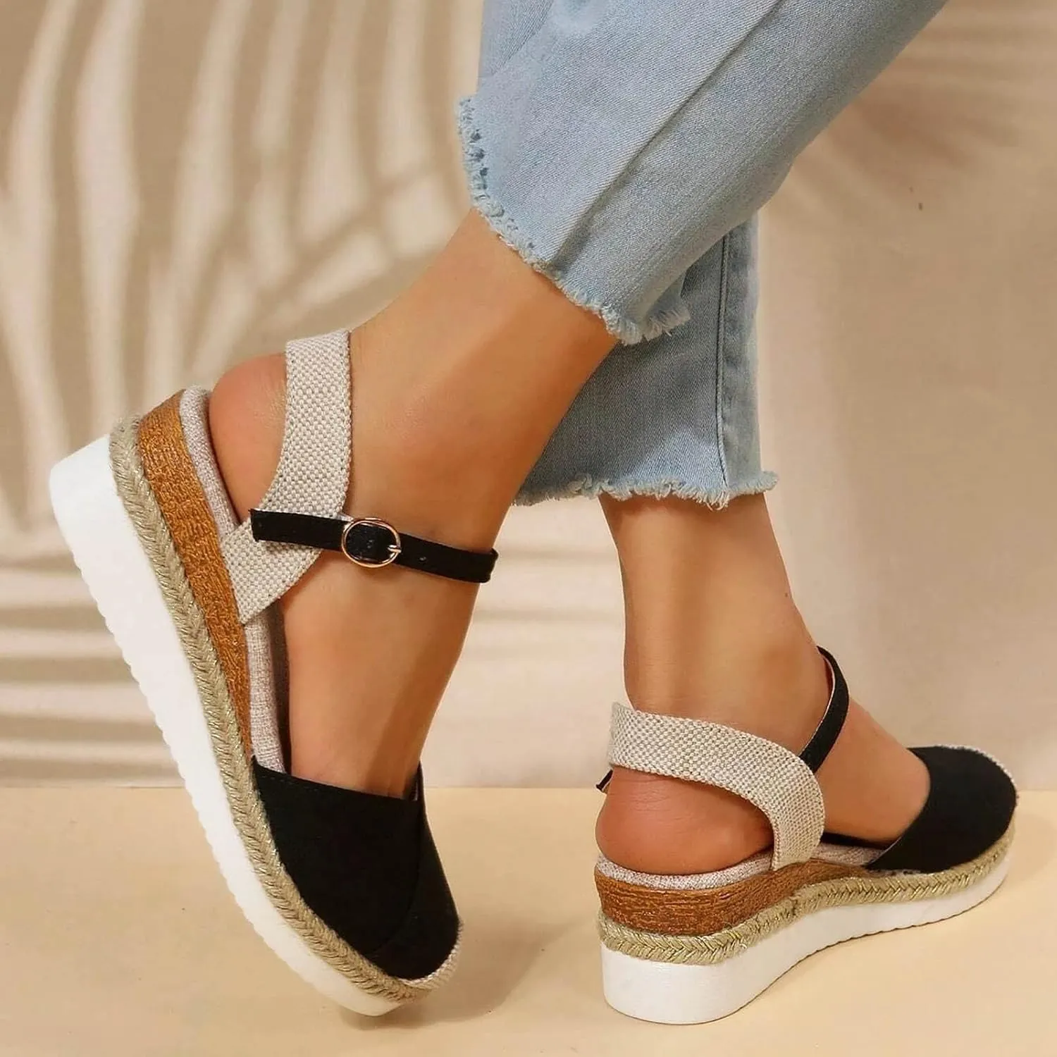 ZSpzx Closed Toe Wedge Sandals for Women,2025 Espadrille Arch Support Summer Comfortable Strappy Orthopedic Platform Sandal Ladies Low Heel Buckle Ankle Strap Casual Shoe for Beach Wedding Daily Wear