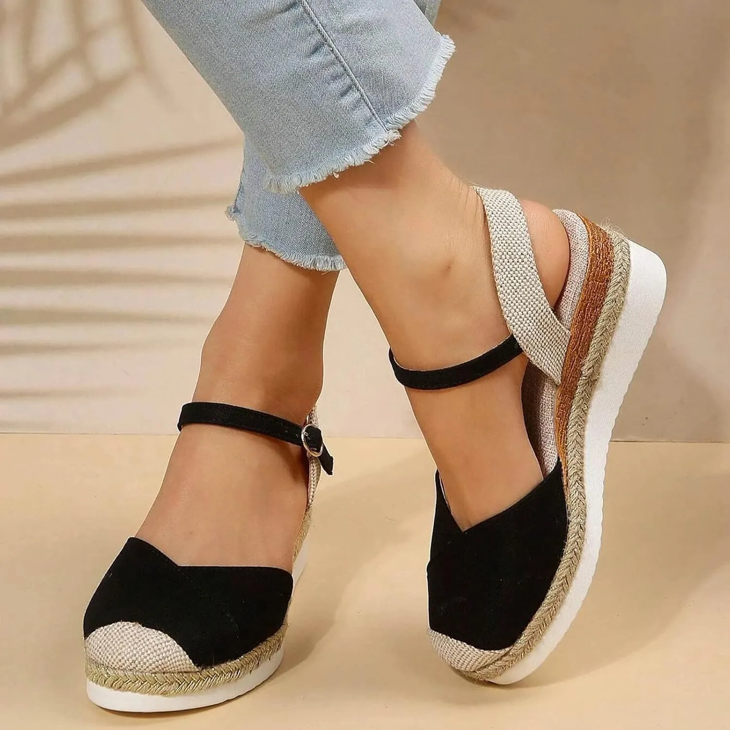 ZSpzx Closed Toe Wedge Sandals for Women,2025 Espadrille Arch Support Summer Comfortable Strappy Orthopedic Platform Sandal Ladies Low Heel Buckle Ankle Strap Casual Shoe for Beach Wedding Daily Wear