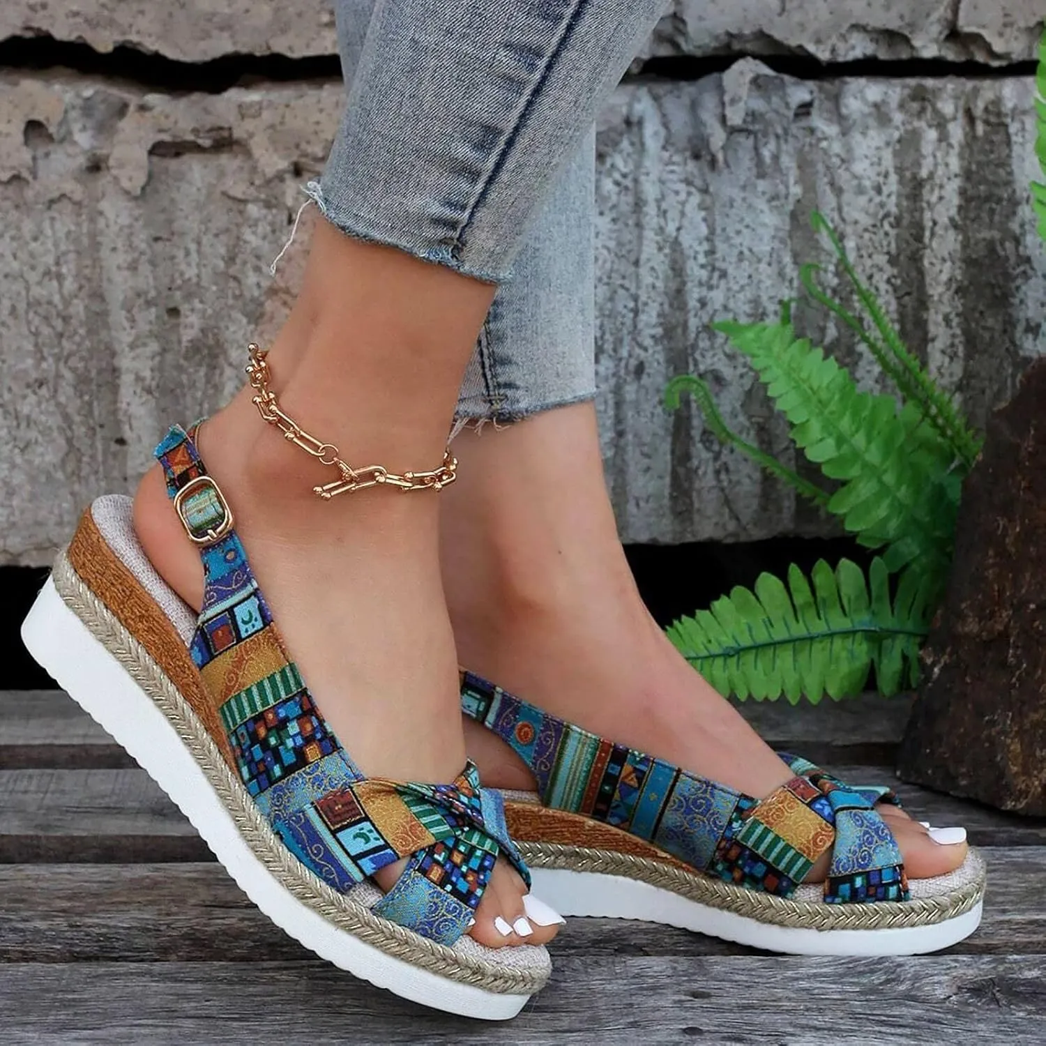 ZSpzx Espadrille Platform Wedge Sandals for Women, Round Toe X-Strap Slingback Bohemian Canvas Sandal with Geometric Pattern Ladies Mules Cushioned Walking Dressy Shoes for Daily Wear Outdoor Indoor