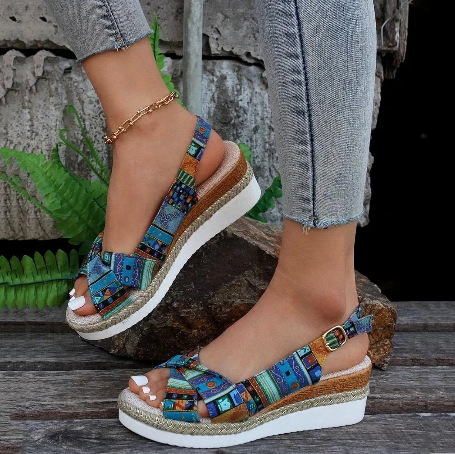 ZSpzx Espadrille Platform Wedge Sandals for Women, Round Toe X-Strap Slingback Bohemian Canvas Sandal with Geometric Pattern Ladies Mules Cushioned Walking Dressy Shoes for Daily Wear Outdoor Indoor