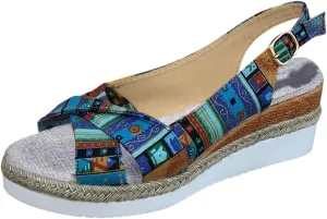 ZSpzx Espadrille Platform Wedge Sandals for Women, Round Toe X-Strap Slingback Bohemian Canvas Sandal with Geometric Pattern Ladies Mules Cushioned Walking Dressy Shoes for Daily Wear Outdoor Indoor