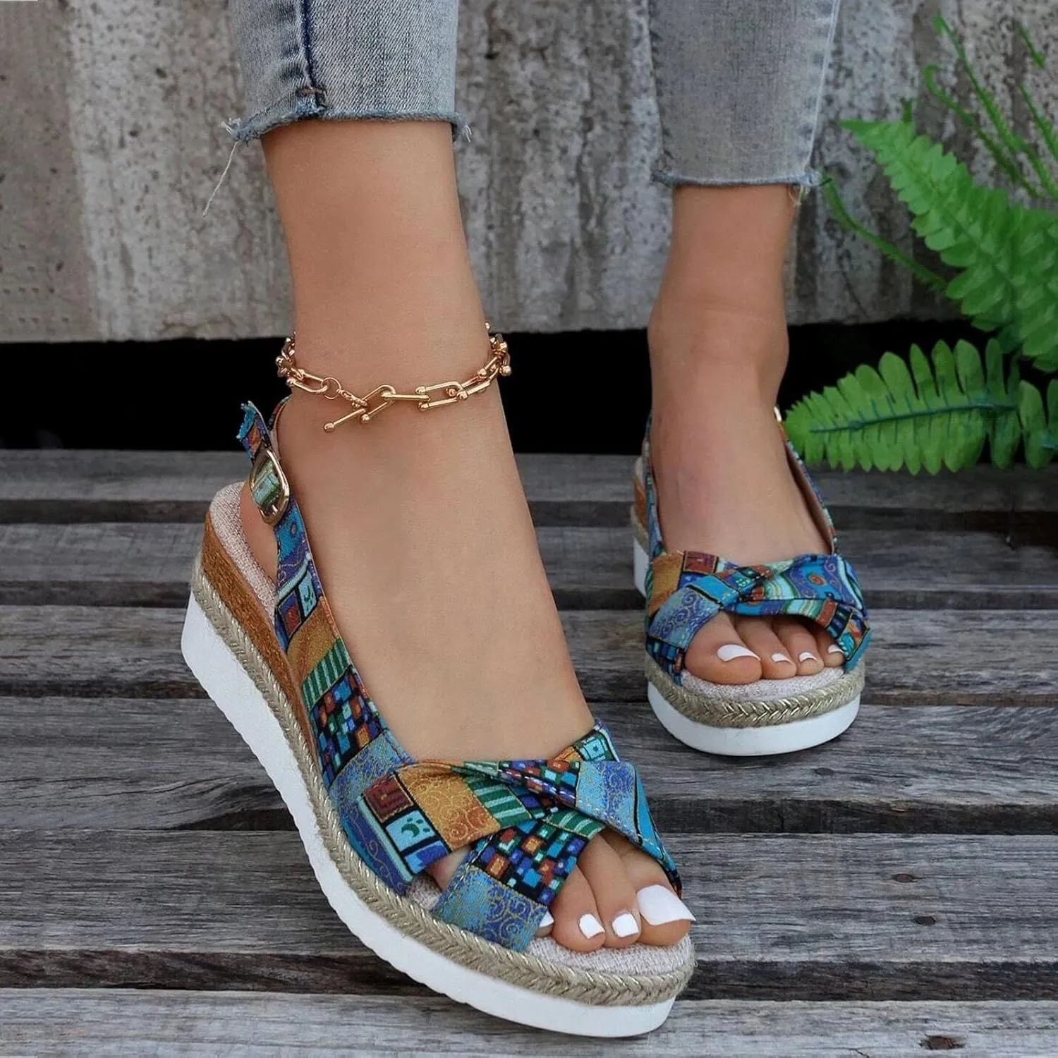 ZSpzx Espadrille Platform Wedge Sandals for Women, Round Toe X-Strap Slingback Bohemian Canvas Sandal with Geometric Pattern Ladies Mules Cushioned Walking Dressy Shoes for Daily Wear Outdoor Indoor