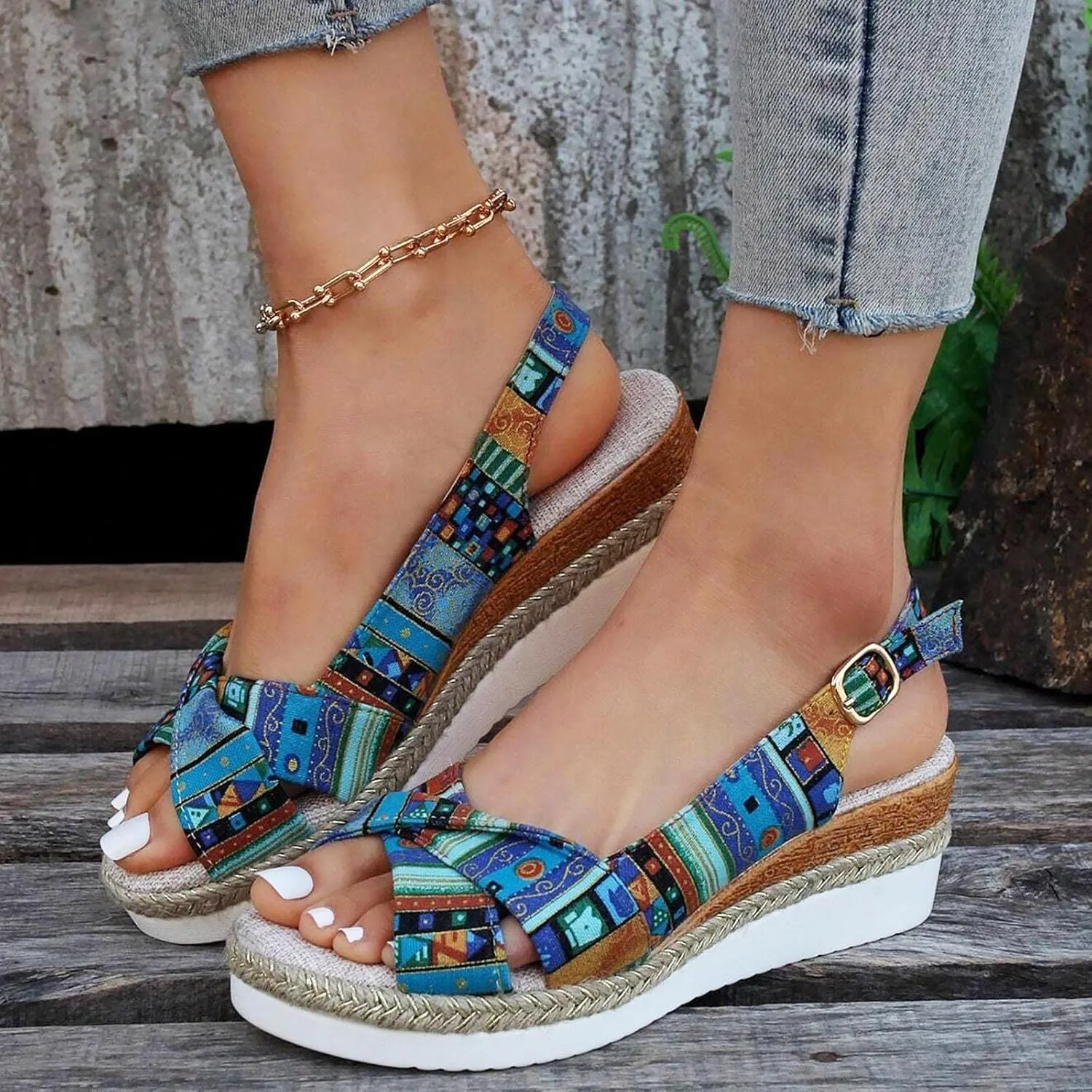 ZSpzx Espadrille Platform Wedge Sandals for Women, Round Toe X-Strap Slingback Bohemian Canvas Sandal with Geometric Pattern Ladies Mules Cushioned Walking Dressy Shoes for Daily Wear Outdoor Indoor