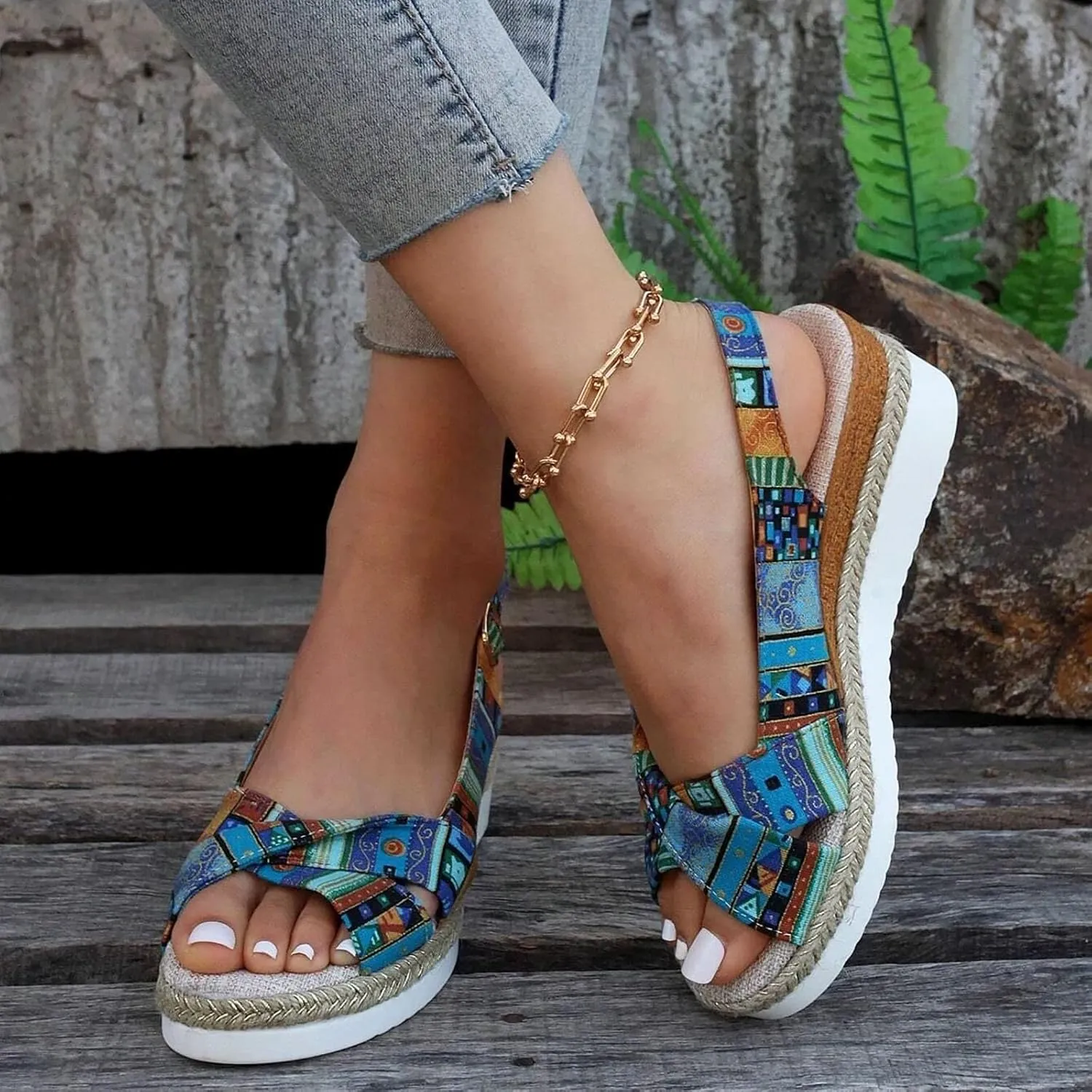 ZSpzx Espadrille Platform Wedge Sandals for Women, Round Toe X-Strap Slingback Bohemian Canvas Sandal with Geometric Pattern Ladies Mules Cushioned Walking Dressy Shoes for Daily Wear Outdoor Indoor