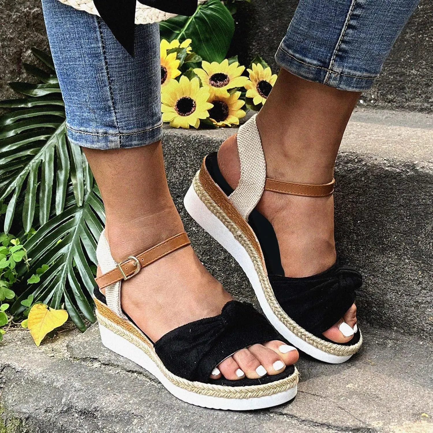 ZSpzx Orthopedic Open Toe Sandals with Twist Knot Bow Arch Support Women's Low Wedge Adjustable Strappy Comfortable Slippers Summer Comfy Breathable Dressy Shoes for Prom Party Outdoor Indoor