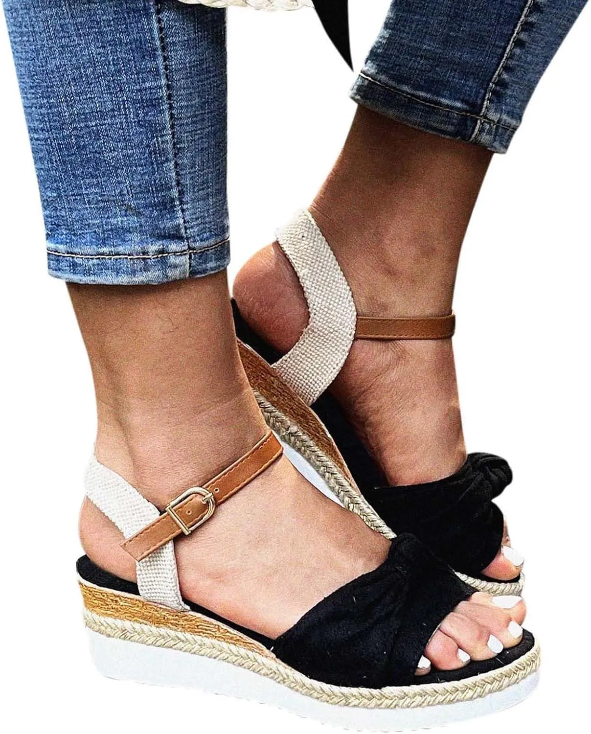 ZSpzx Orthopedic Open Toe Sandals with Twist Knot Bow Arch Support Women's Low Wedge Adjustable Strappy Comfortable Slippers Summer Comfy Breathable Dressy Shoes for Prom Party Outdoor Indoor