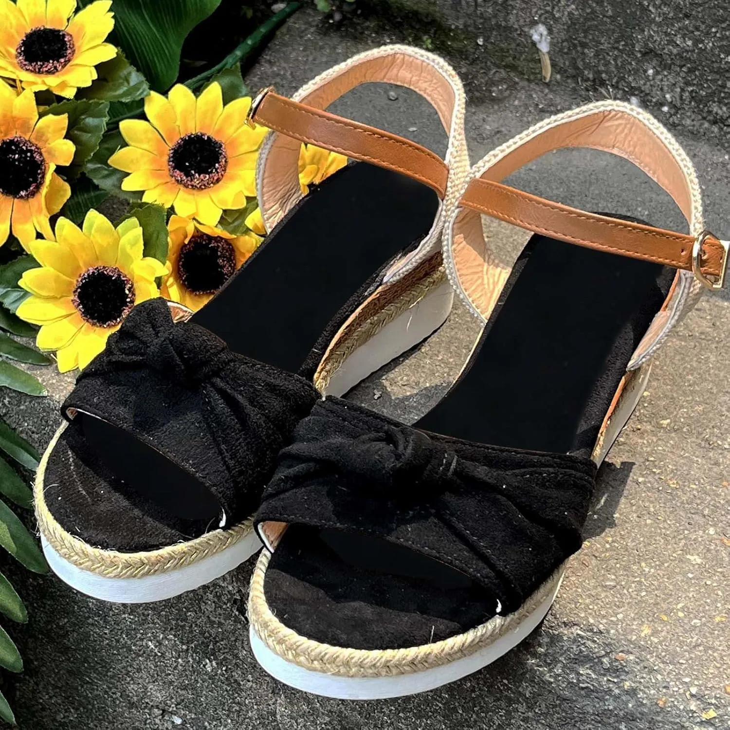 ZSpzx Orthopedic Open Toe Sandals with Twist Knot Bow Arch Support Women's Low Wedge Adjustable Strappy Comfortable Slippers Summer Comfy Breathable Dressy Shoes for Prom Party Outdoor Indoor