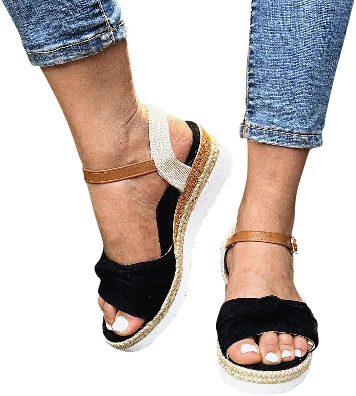 ZSpzx Orthopedic Open Toe Sandals with Twist Knot Bow Arch Support Women's Low Wedge Adjustable Strappy Comfortable Slippers Summer Comfy Breathable Dressy Shoes for Prom Party Outdoor Indoor