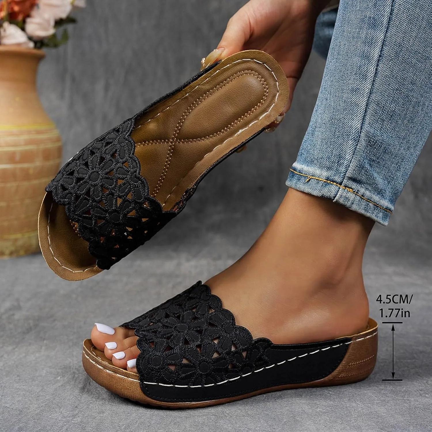 ZSpzx Platform Wedge Sandals for Women 2025 Wide Width Cutout Peep Toe Cushion Footbed Slides Low Heel Slip On Non-Slip Comfortable Casual Shoes Plantar Fasciitis Recovery Mules for Outdoor Indoor