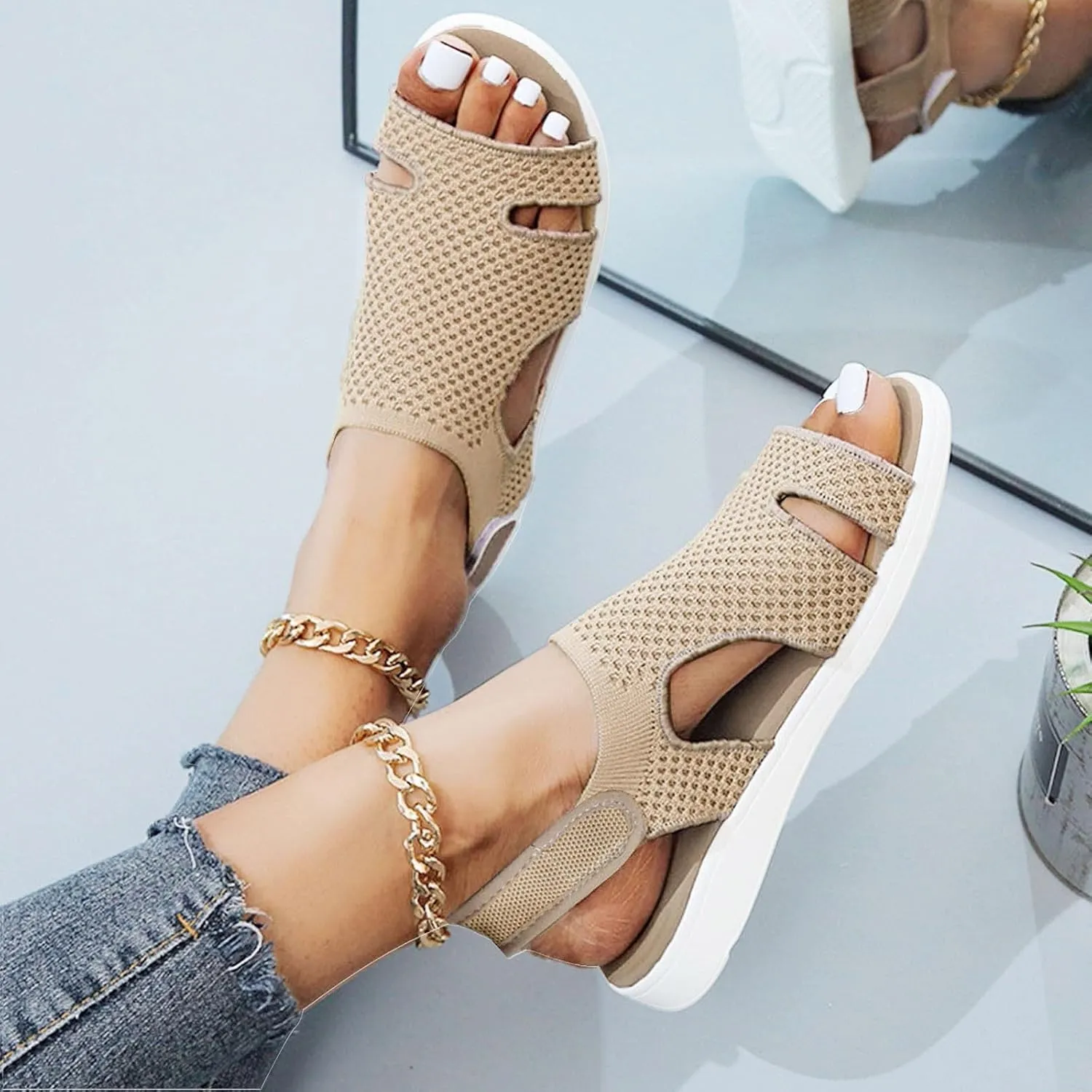 ZSpzx Summer Sandals for Women 2025, Comfortable Arch Support Low Wedge Heel Sandal Orthotic Adjustable Strappy Casual Shoes Cushion Footbed Womens Slip-On Beach Open Toe Walking Footwear