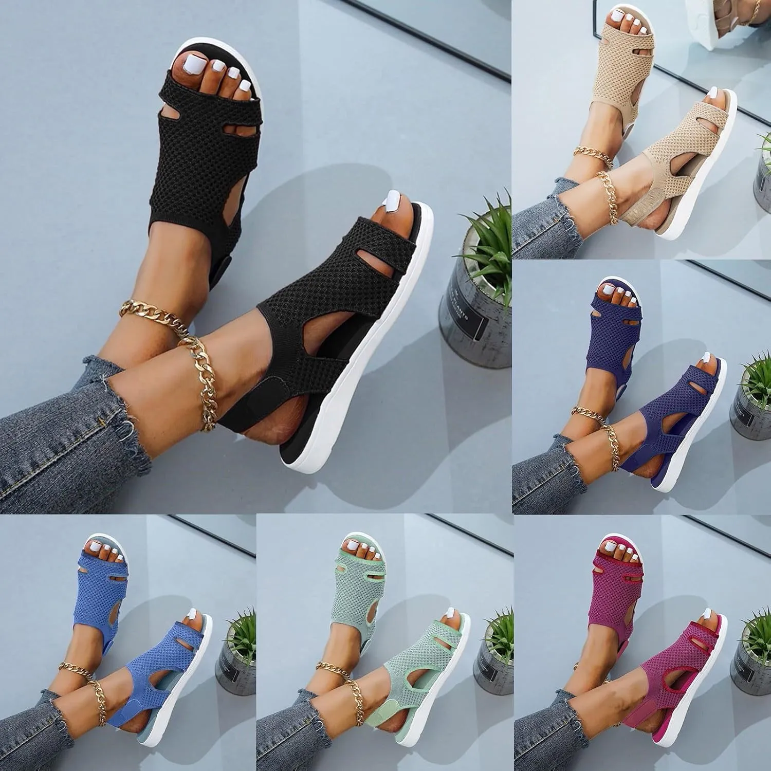 ZSpzx Summer Sandals for Women 2025, Comfortable Arch Support Low Wedge Heel Sandal Orthotic Adjustable Strappy Casual Shoes Cushion Footbed Womens Slip-On Beach Open Toe Walking Footwear