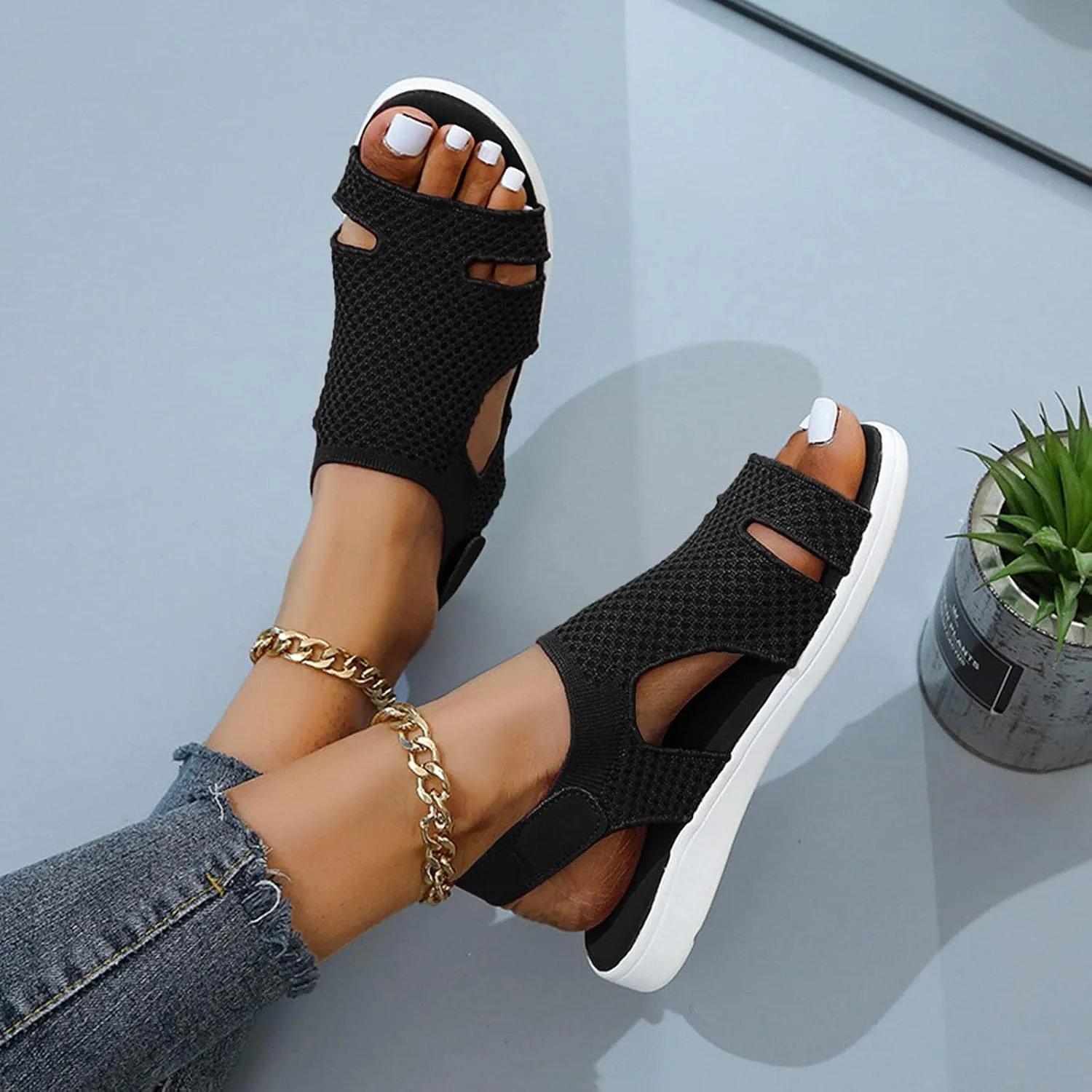 ZSpzx Summer Sandals for Women 2025, Comfortable Arch Support Low Wedge Heel Sandal Orthotic Adjustable Strappy Casual Shoes Cushion Footbed Womens Slip-On Beach Open Toe Walking Footwear