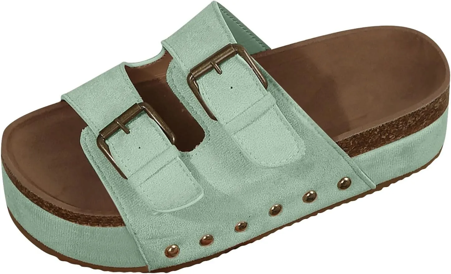 ZSpzx Wide Width Wedge Sandals for Women Cork Footbed Double Buckle Adjustable Slippers Ladies Comfortable Rivets Slides Footwear Slip On Summer Flat Low Heel Shoes for Daily Wear Outdoor Indoor