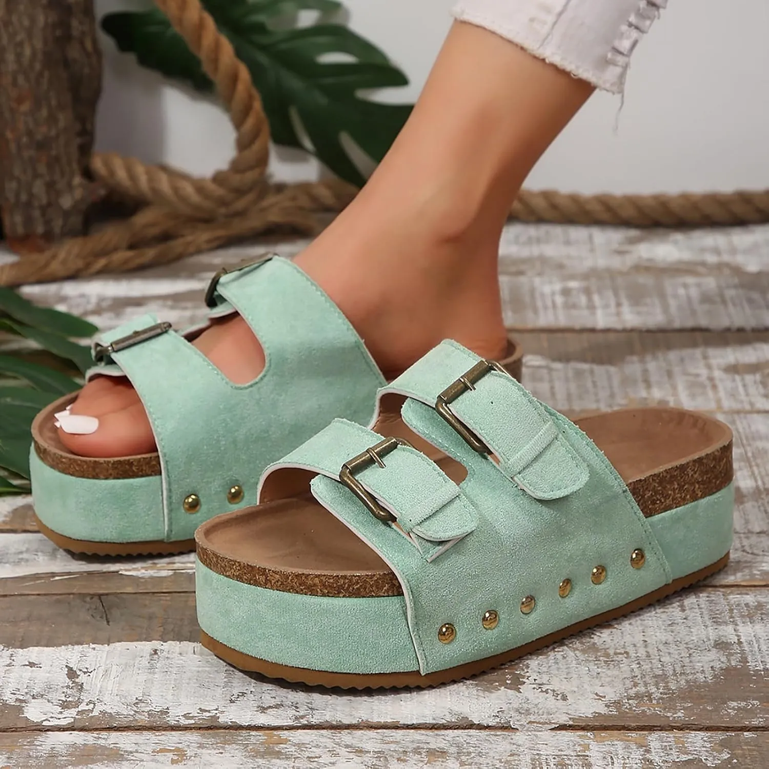 ZSpzx Wide Width Wedge Sandals for Women Cork Footbed Double Buckle Adjustable Slippers Ladies Comfortable Rivets Slides Footwear Slip On Summer Flat Low Heel Shoes for Daily Wear Outdoor Indoor