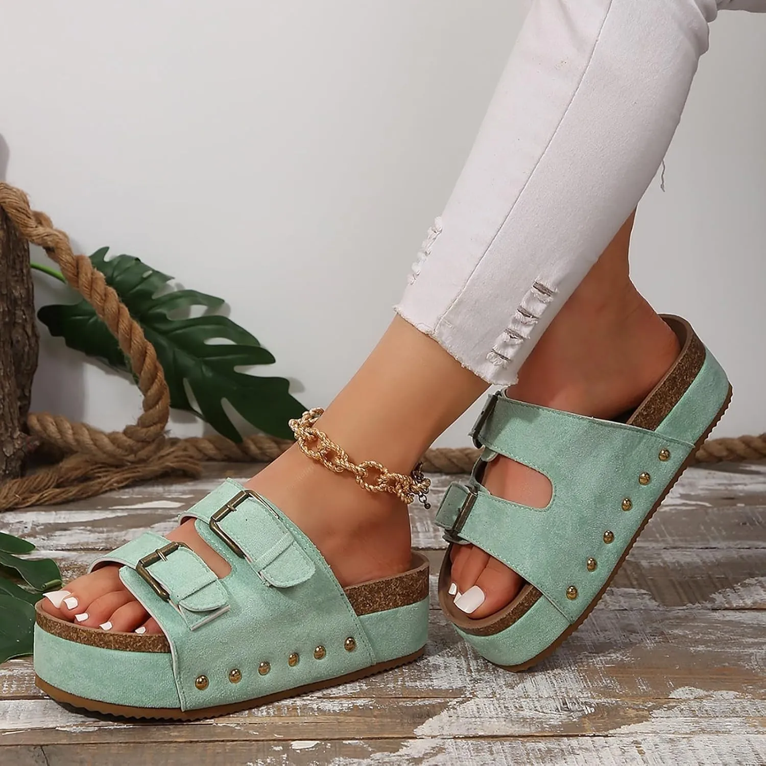 ZSpzx Wide Width Wedge Sandals for Women Cork Footbed Double Buckle Adjustable Slippers Ladies Comfortable Rivets Slides Footwear Slip On Summer Flat Low Heel Shoes for Daily Wear Outdoor Indoor