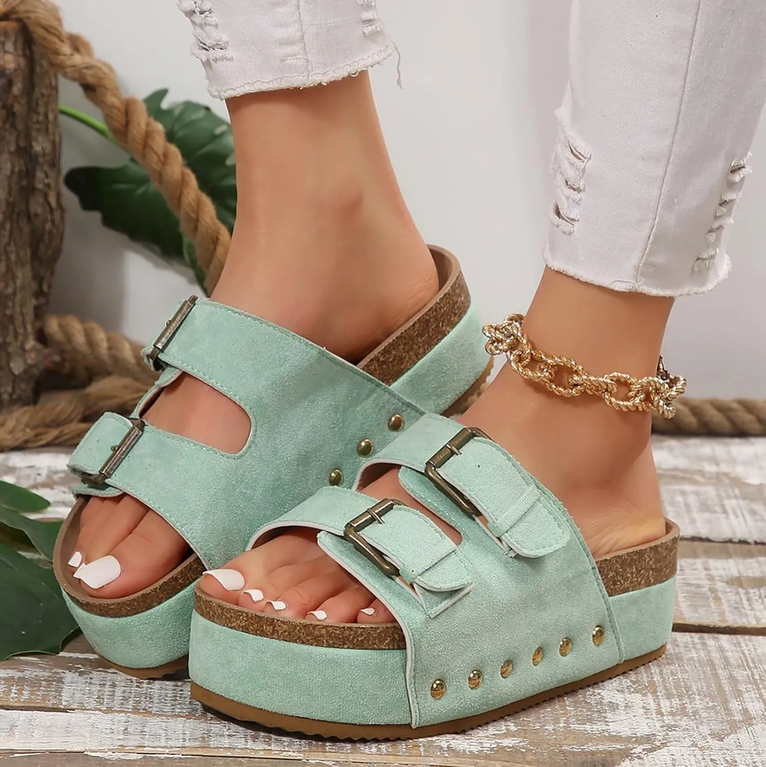 ZSpzx Wide Width Wedge Sandals for Women Cork Footbed Double Buckle Adjustable Slippers Ladies Comfortable Rivets Slides Footwear Slip On Summer Flat Low Heel Shoes for Daily Wear Outdoor Indoor