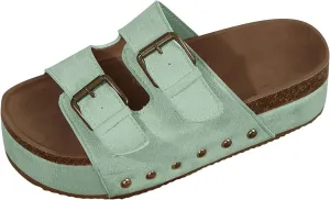 ZSpzx Wide Width Wedge Sandals for Women Cork Footbed Double Buckle Adjustable Slippers Ladies Comfortable Rivets Slides Footwear Slip On Summer Flat Low Heel Shoes for Daily Wear Outdoor Indoor