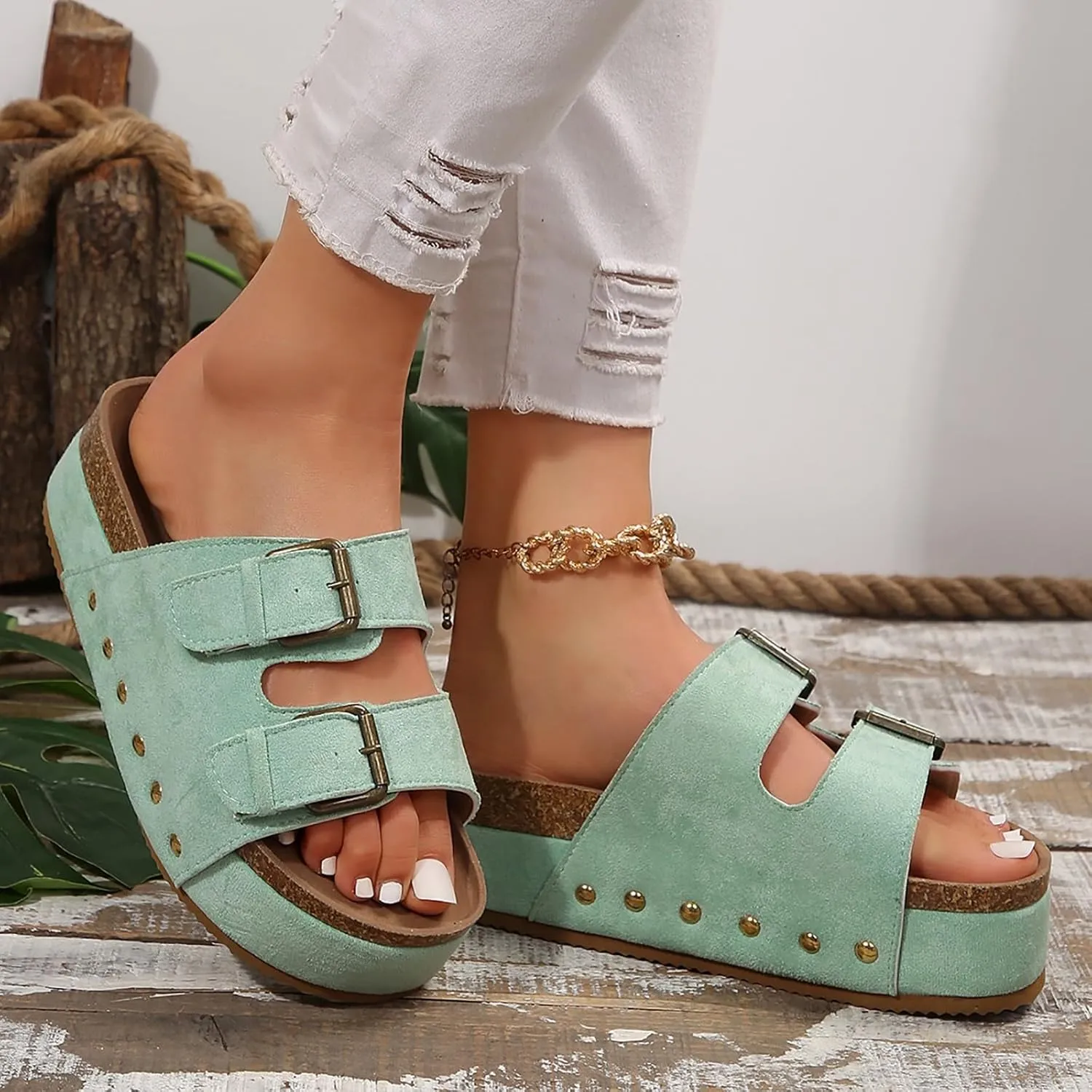 ZSpzx Wide Width Wedge Sandals for Women Cork Footbed Double Buckle Adjustable Slippers Ladies Comfortable Rivets Slides Footwear Slip On Summer Flat Low Heel Shoes for Daily Wear Outdoor Indoor