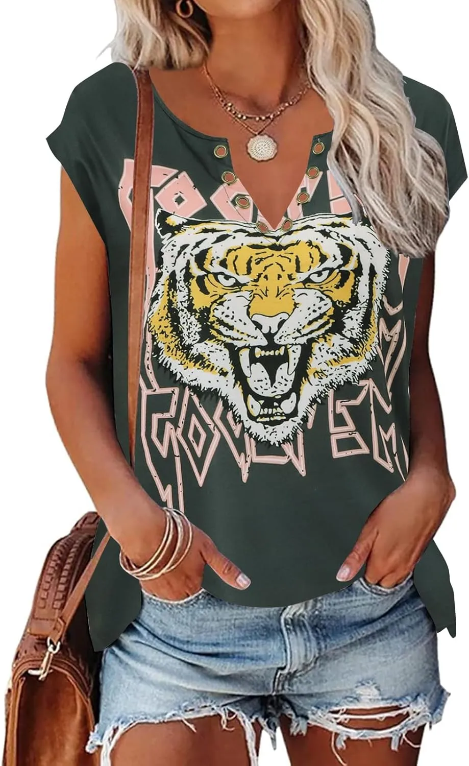 Zyyfly Womens Cap Sleeve Tank Tops V Neck Graphic Summer Shirts Loose Fit